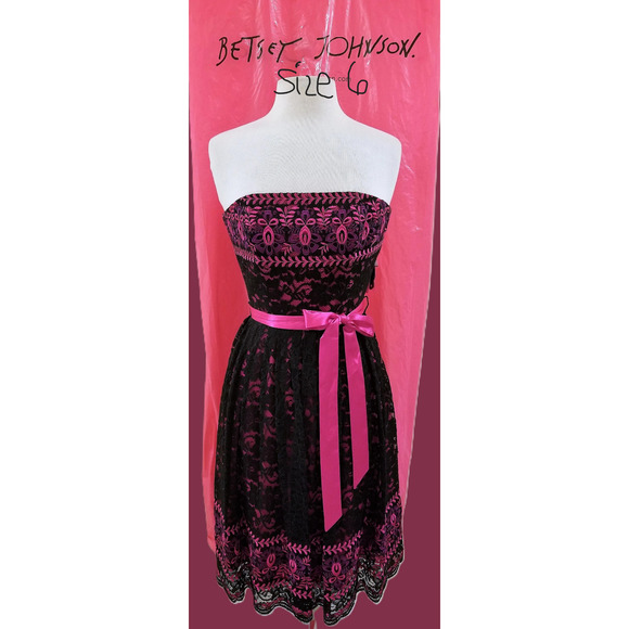 Vtg Betsey Johnson Black Pink Dress 6 Lace Overlay Embroidered Whimsigoth New - Picture 2 of 16